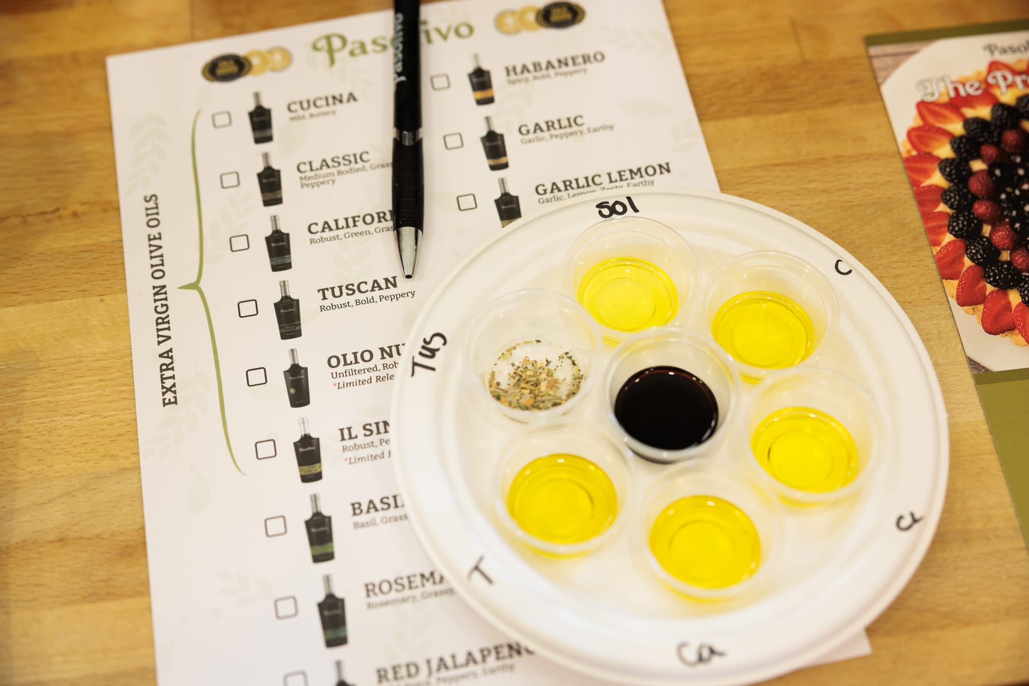 Olive oil tasting at Pasolivo Ranch in California.