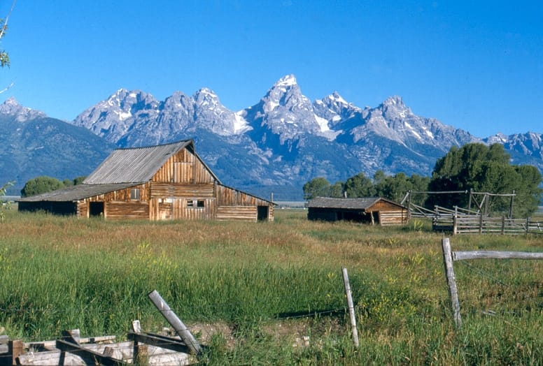 MMoulton Barn homestead with Teton Range in Grand Teton National Park.