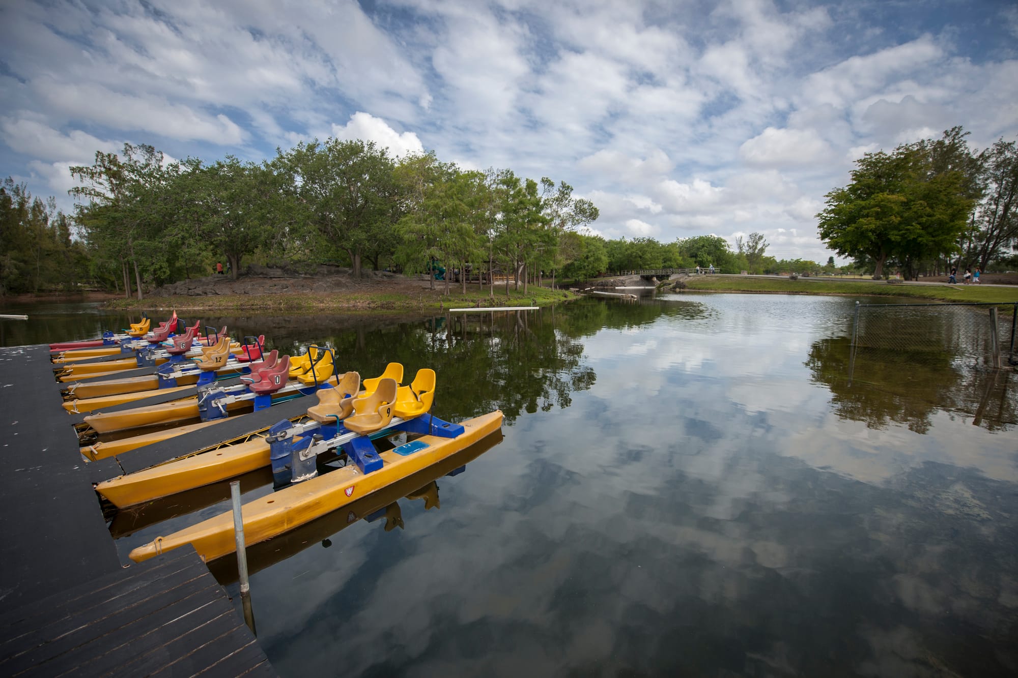 Paddle boats on a lake in Amelia Earhart park